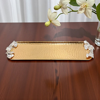 Luxury Hammered Gold Rectangular Serving Tray with Silver Floral Handles – Stainless Steel Decorative Tray for Elegant Dining and Home Décor - Damoo