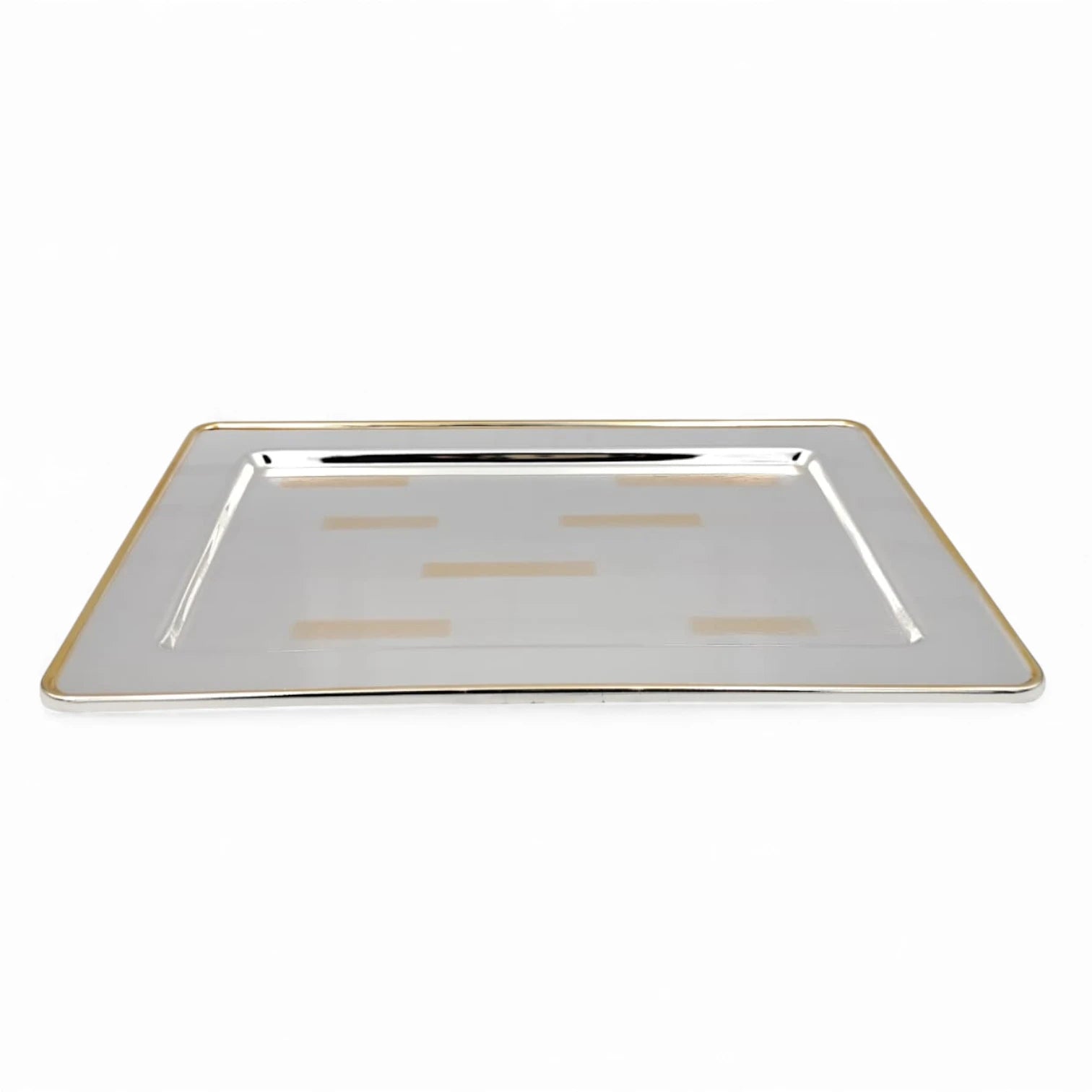 Ansa Luxury Rectangular Serving Tray – Premium Silver Shine with Elegant Gold Border Pattern | Durable, Lightweight & Stylish for Tea, Coffee, Snacks, Desserts & Home Hospitality – H(1cm) x W(24cm) x L(34cm)