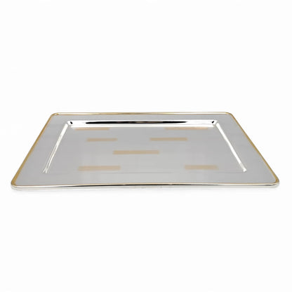 Ansa Luxury Rectangular Serving Tray – Premium Silver Shine with Elegant Gold Border Pattern | Durable, Lightweight & Stylish for Tea, Coffee, Snacks, Desserts & Home Hospitality – H(1cm) x W(24cm) x L(34cm)