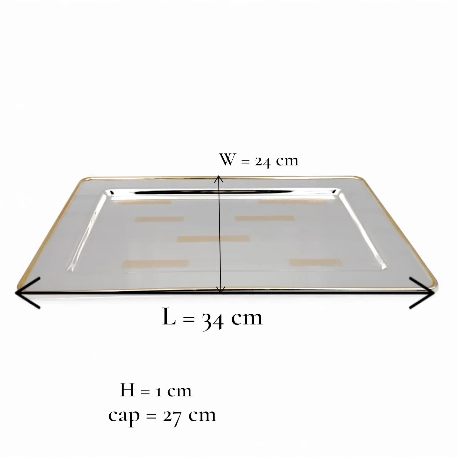 Ansa Luxury Rectangular Serving Tray – Premium Silver Shine with Elegant Gold Border Pattern | Durable, Lightweight & Stylish for Tea, Coffee, Snacks, Desserts & Home Hospitality – H(1cm) x W(24cm) x L(34cm)