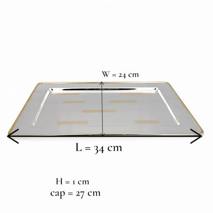 Ansa Luxury Rectangular Serving Tray – Premium Silver Shine with Elegant Gold Border Pattern | Durable, Lightweight & Stylish for Tea, Coffee, Snacks, Desserts & Home Hospitality – H(1cm) x W(24cm) x L(34cm)