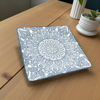 Ceramic Square Plate 26.5 x 26.5 cm | Blue Arabesque Pattern | Premium Glazed Stoneware Serving Plate | Dishwasher & Microwave Safe | Two Designs – Light Blue / Dark Blue