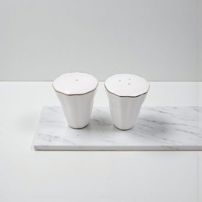 Elegant Porcelain Salt & Pepper Shaker Set – 2-Piece White Gold-Rim Design | Durable Stoneware Seasoning Dispensers for Dining, Kitchen & Table Serving