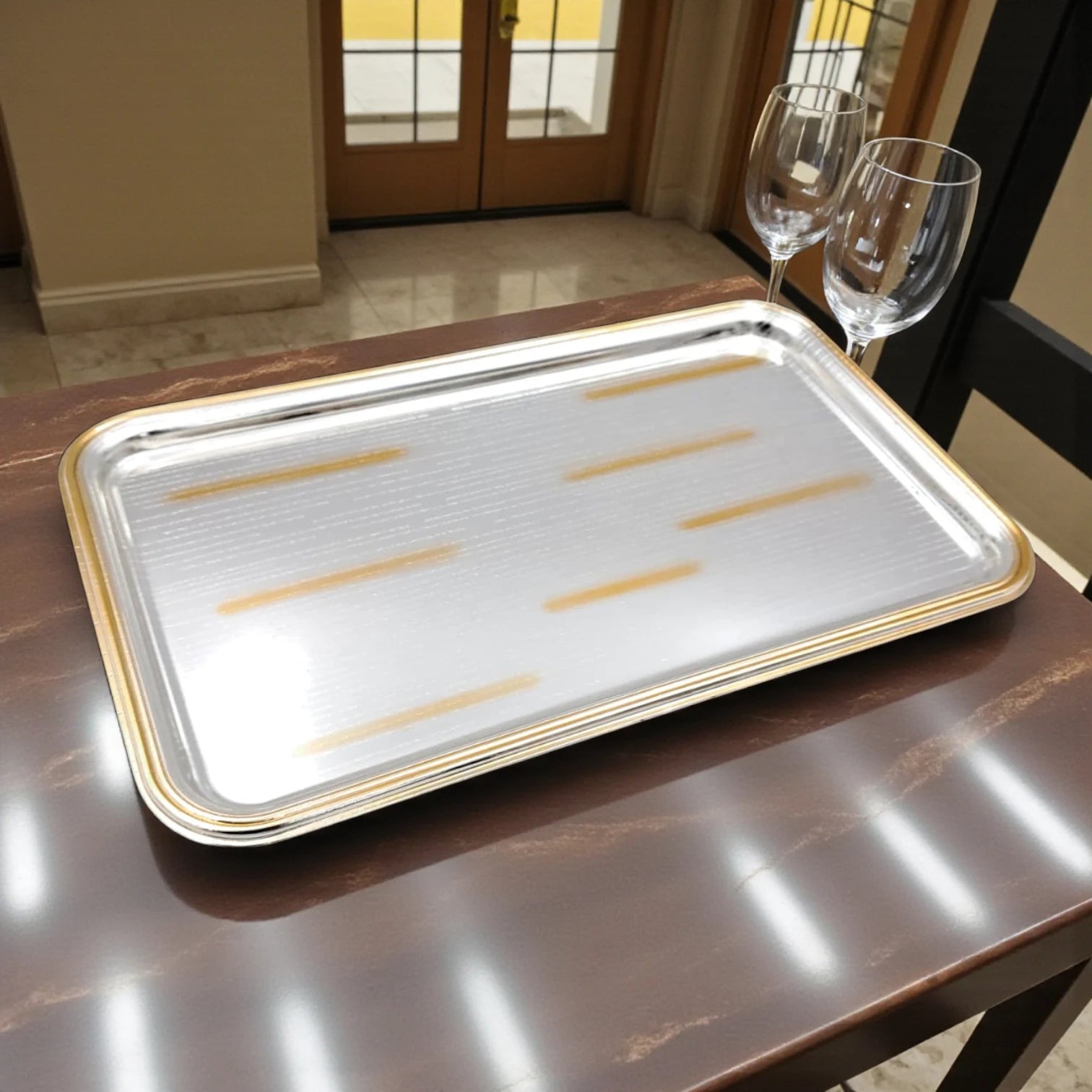 Ansa Luxury Rectangular Serving Tray – Premium Shine Finish with Gold Accents | Elegant Lightweight & Durable | Ideal for Tea, Snacks, Desserts, Parties & Home Hospitality – H(1.5cm) x W(18cm) x L(30cm)