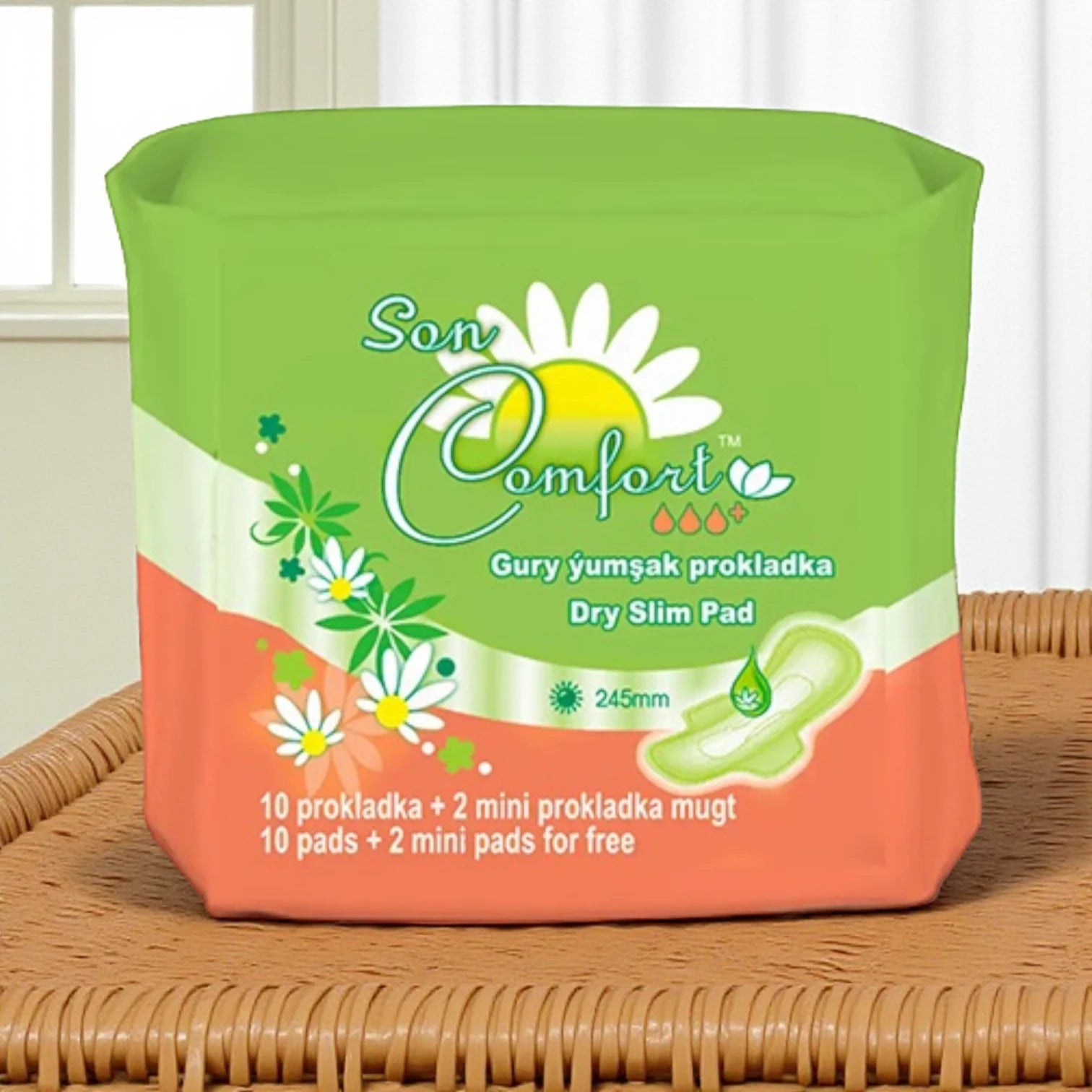 Sen Comfort Dry Slim Sanitary Pads with Wings – 245mm | 10 + 2 Free Mini Pads | Cotton, Ultra-Thin, Breathable Feminine Hygiene - Damoo
