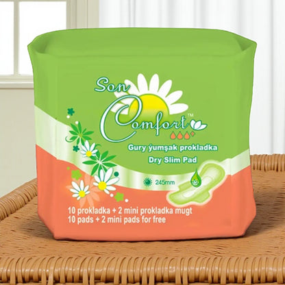Sen Comfort Dry Slim Sanitary Pads with Wings – 245mm | 10 + 2 Free Mini Pads | Cotton, Ultra-Thin, Breathable Feminine Hygiene - Damoo