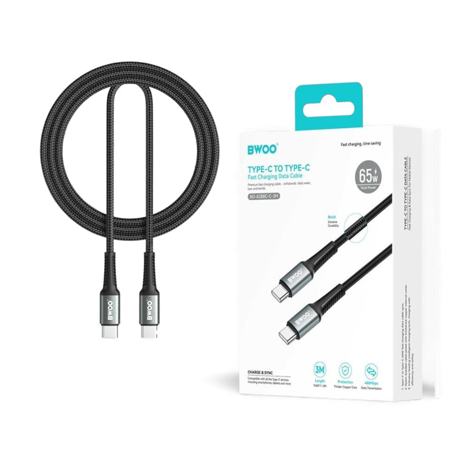 كابل شحن ونقل بيانات سريع من BWOO USB-A إلى Lightning بطول 2 متر - نايلون مضفر 2.4 أمبير عالي السرعة مع موصلات من سبائك الألومنيوم لأجهزة iPhone وiPad - أسود (BO-X288L-2M)