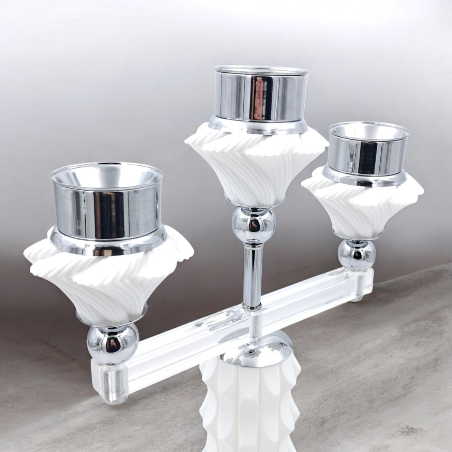 Luxury 3-Head Bakhoor Burner Stand – Modern Silver & White Incense Holder for Home & Majlis (H38 x L31 x W9.5 x Cap 4.5 CM) - Damoo