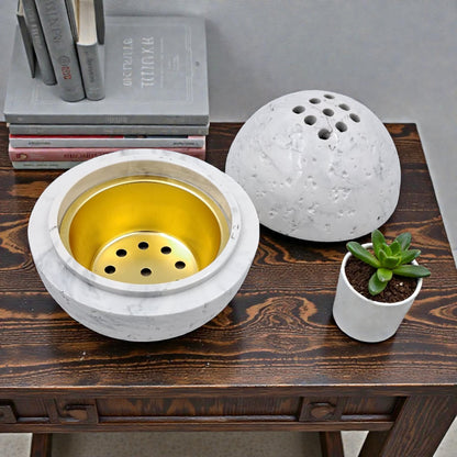Modern Marble-Style Incense Burner Set with Tray & Storage Box – White Decorative Bakhoor Burner for Home, Majlis & Prayer Space (Burner: 9.5H x 10L × 10W CM) - Damoo