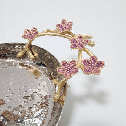 Elongated Hammered Oval Tray with Pink Floral Accents – Stainless Steel & Brass Decorative Serving Platter | Elegant Food-Safe Table Centerpiece - Damoo