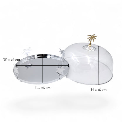 حامل كيك فاخر على شكل شجرة نخيل فضي وذهبي مع غطاء مقبب - صينية عرض حلويات كلاسيكية من الفولاذ والنحاس | طبق تقديم أنيق للكيك والمعجنات والحفلات