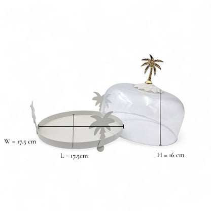 حامل كيك على شكل شجرة نخيل أبيض وذهبي بغطاء مقبب - صينية حلويات دائرية أنيقة من النحاس والزجاج | طبق تقديم مزخرف للكيك والتمر والحلويات