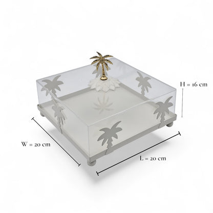 صينية تقديم أكريليك مربعة الشكل بتصميم شجرة نخيل بيضاء مع غطاء مقبب - طبق أنيق شفاف لعرض الحلويات | صينية حلوى وكعك فاخرة بمقبض ذهبي