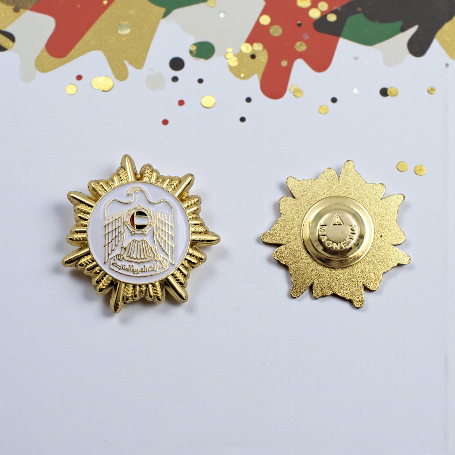 UAE National Emblem Gold Magnetic Pin Badge – Round Enamel Lapel Brooch with Eagle Design | 3.5cm Commemorative Accessory - Damoo