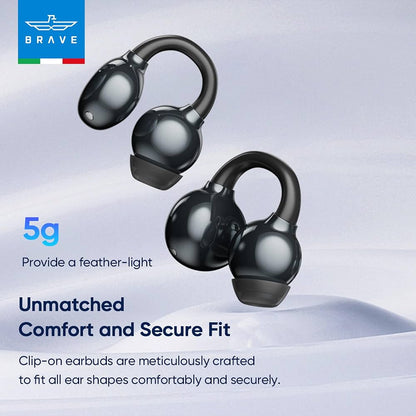 BRAVE ClipFit E-31 Wireless Open-Ear Earbuds – Black | Bluetooth 5.4 | Intelligent Touch Control | Adaptive Secure Fit Earphones