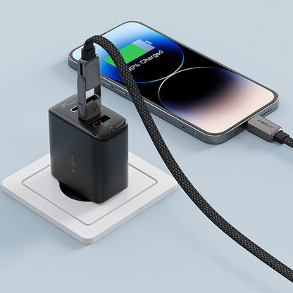 كابل ACEFAST Acewire Pro C13-04 من USB-A/USB-C إلى USB-C بطول 1.2م – شحن سريع 60 واط ونقل بيانات USB 2.0، أسود مضفّر بالنايلون
