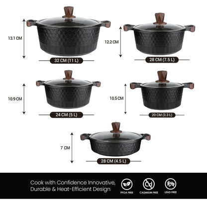 VOGATI (Mega Series) 10 pcs Cookware Set in Grey – Casserole Pots 20/24/28/32cm, Shallow Casserole 28cm Kitchen Cooking Set