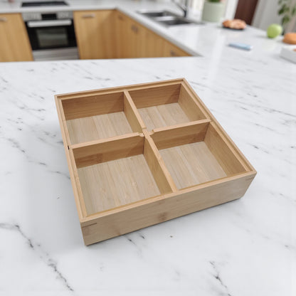 Luxury Wooden Snack Serving Box with Crystal Handle Lid – 4-Compartment Dried Fruit, Nut & Candy Organizer Tray for Home & Parties - Damoo
