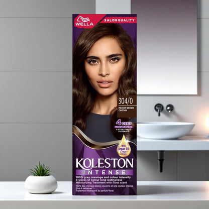 Wella Koleston Intense Hair Color Cream 304/0 Medium Brown – Long-Lasting, Full Grey Coverage, Argan Oil Moisture Kit – 1 Pack - Damoo