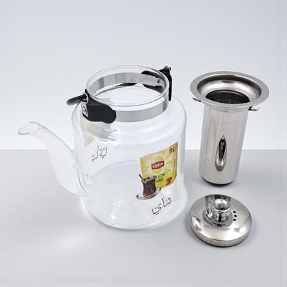 Pyrex Glass Teapot with Stainless Steel Infuser | Heat-Resistant Clear Tea Kettle with Black Handle for Family Use | Borosilicate Teapot for Karak, Tea & Coffee Brewing