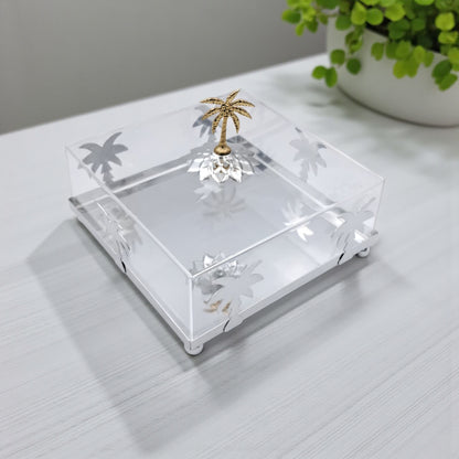 Luxury Silver Palm Tree Acrylic Box with Golden Lid Handle – Elegant Decorative Tray for Sweets, Dates & Jewelry (H16cm x W20.5cm x L20.5cm)