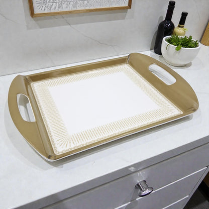 Luxury Rectangular Serving Tray with Handles – White & Gold Decorative Plastic Tray for Tea, Coffee & Table Serving (Available in 2 Sizes) - Damoo