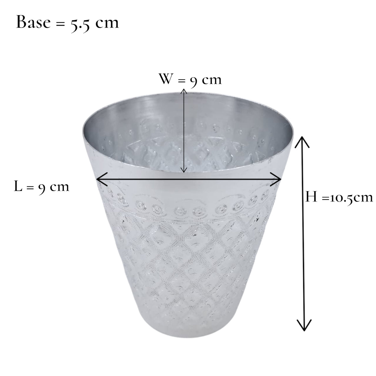 Silver Embossed Aluminum Drinking Cup – Traditional Majlis Water/Tea Glass – Lightweight & Durable Camping Tumbler (H 10.5cm × L 9cm × W 9cm × Base 5.5cm) - Damoo