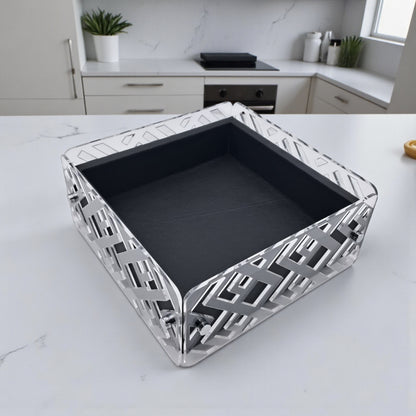 Rectangular Decorative Acrylic Box with Silver Geometric Design & Clear Lid – Elegant Storage or Tissue Case (H11cm x W18cm x L32cm | Cap 27cm)