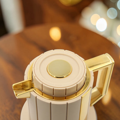 Parati Luxury Vacuum Insulated Coffee & Tea Flask with Gold Handle – Stainless Steel Thermal Beverage Server with Floral Design, Hot & Cold Drink Thermos (26H x 28L × 15W CM, Base 13 CM) - Damoo