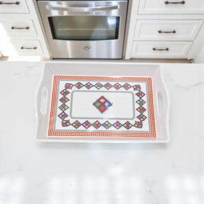 Traditional Patterned Serving Tray – White Rectangular Plastic Tray with Arabic Geometric Design | Durable Handled Tray for Tea, Coffee & Snacks - Damoo