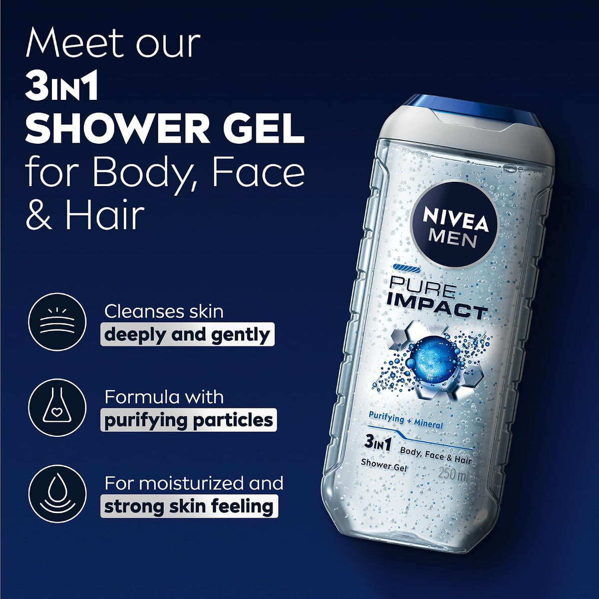 NIVEA 3 in 1 Shower Gel 250 ml, Body, Hair and face Wash  – Purifying Particles | pH Skin Neutral | Dermatologically Approved Shower Cleanser - for All Skin Types