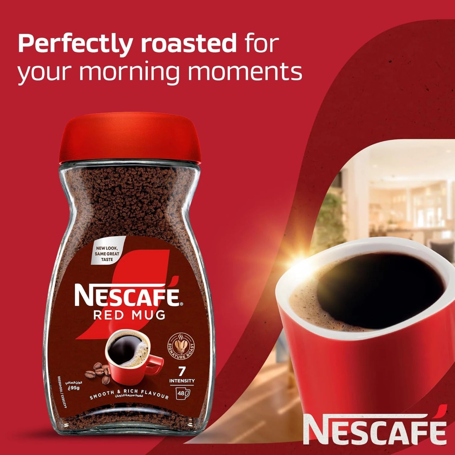 Nescafé Red Mug Instant Coffee Jar 95g – Smooth & Rich Signature Roast | Medium Roast Blend of Robusta & Arabica | 48 Cups | Caffeinated | Easy to Prepare - Damoo