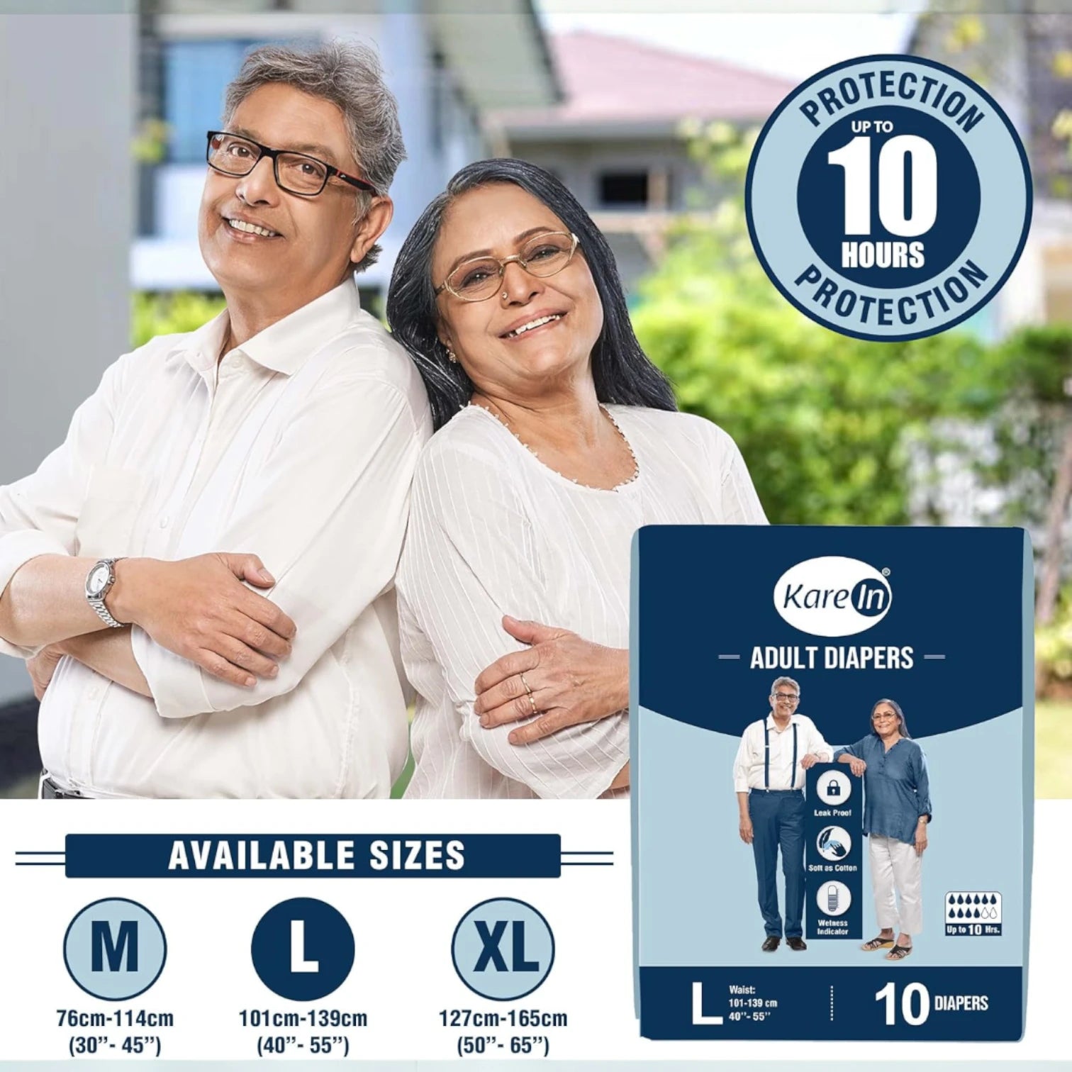 KareIn Premium Adult Diapers Large – 10 Count | Tape Style, Unisex | 12-Hour Protection, Leak-Proof, Wetness Indicator & Odour Control - Damoo
