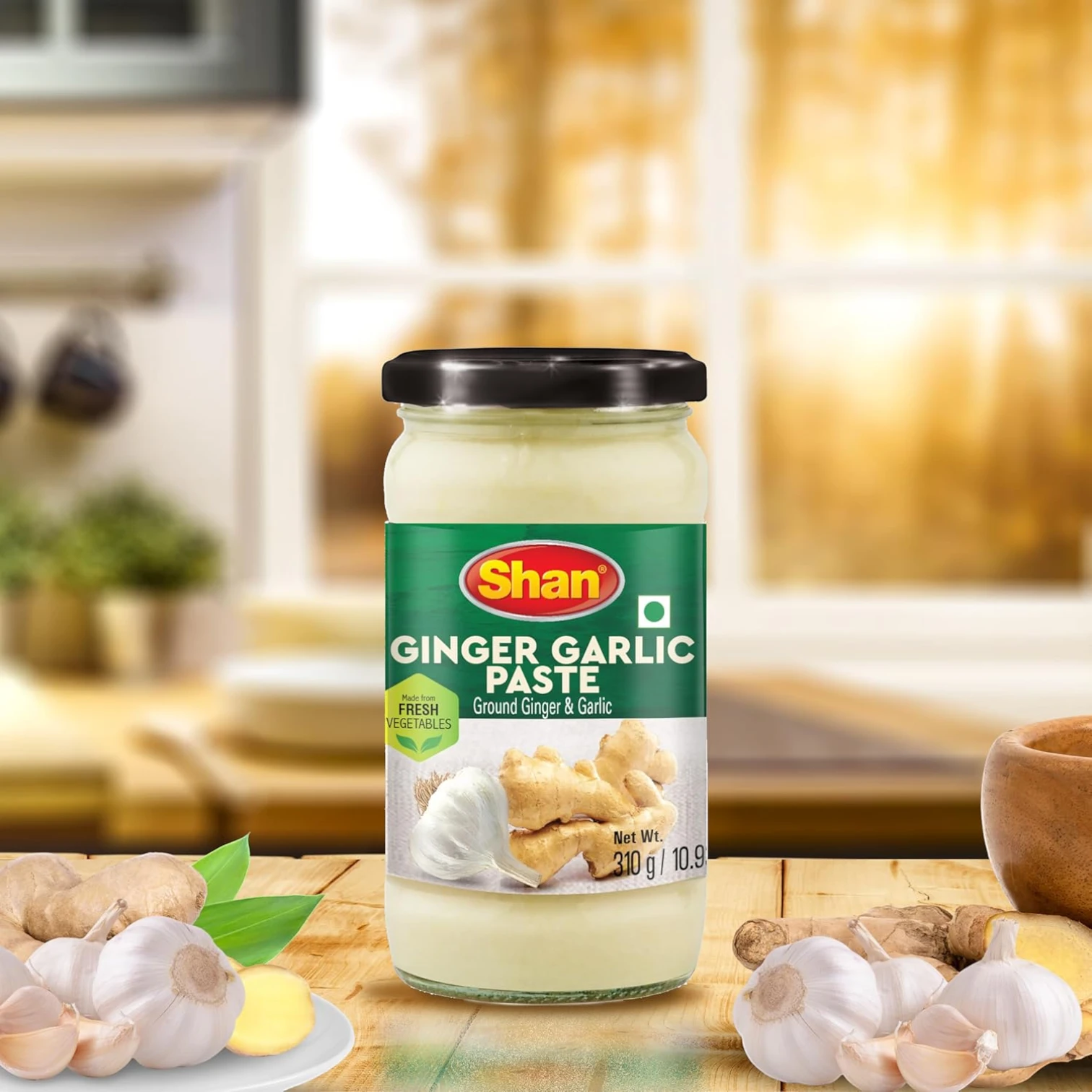 Shan Ginger Garlic Paste 310g – Freshly Ground Ginger & Garlic Blend for Cooking | Authentic Indian Flavor Base | Airtight Glass Jar, Hygienic, Vegetarian-Friendly, Long Shelf Life - Damoo