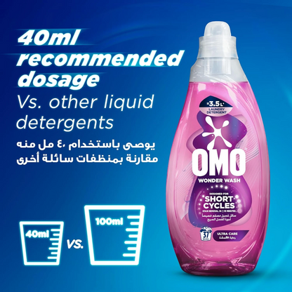 OMO Wonder Wash Liquid Laundry Detergent Ultra Care 1480ml x2 Pack – Fast 15-Minute Stain Removal, Designed for Short Cycles, Gentle Fabric Care - Damoo