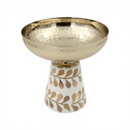 Hammered Metal Pedestal Serving Bowl with Decorative Inlay Base – Elegant Elevated Fruit & Dessert Bowl for Table Centerpiece (20H x 20L x 20W CM)
