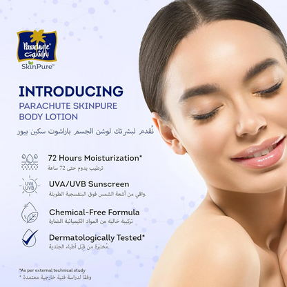 Parachute Skin Pure Hydrating Body Lotion 400ml 72Hr Moisturization with Hyaluron & Virgin Coconut Oil UVA UVB Sunscreen for Extra Dry Skin Deep Hydration - Damoo