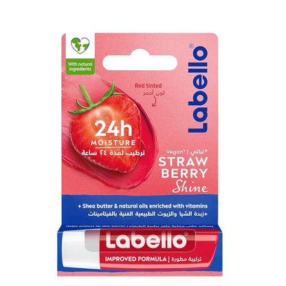 Labello Strawberry Shine Lip Balm – 24H Moisture, Vegan Formula, Red-Tinted Hydration with Shea Butter & Natural Oils – Smooth & Nourishing Lip Care - Damoo