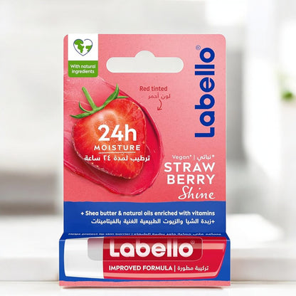 Labello Strawberry Shine Lip Balm – 24H Moisture, Vegan Formula, Red-Tinted Hydration with Shea Butter & Natural Oils – Smooth & Nourishing Lip Care - Damoo
