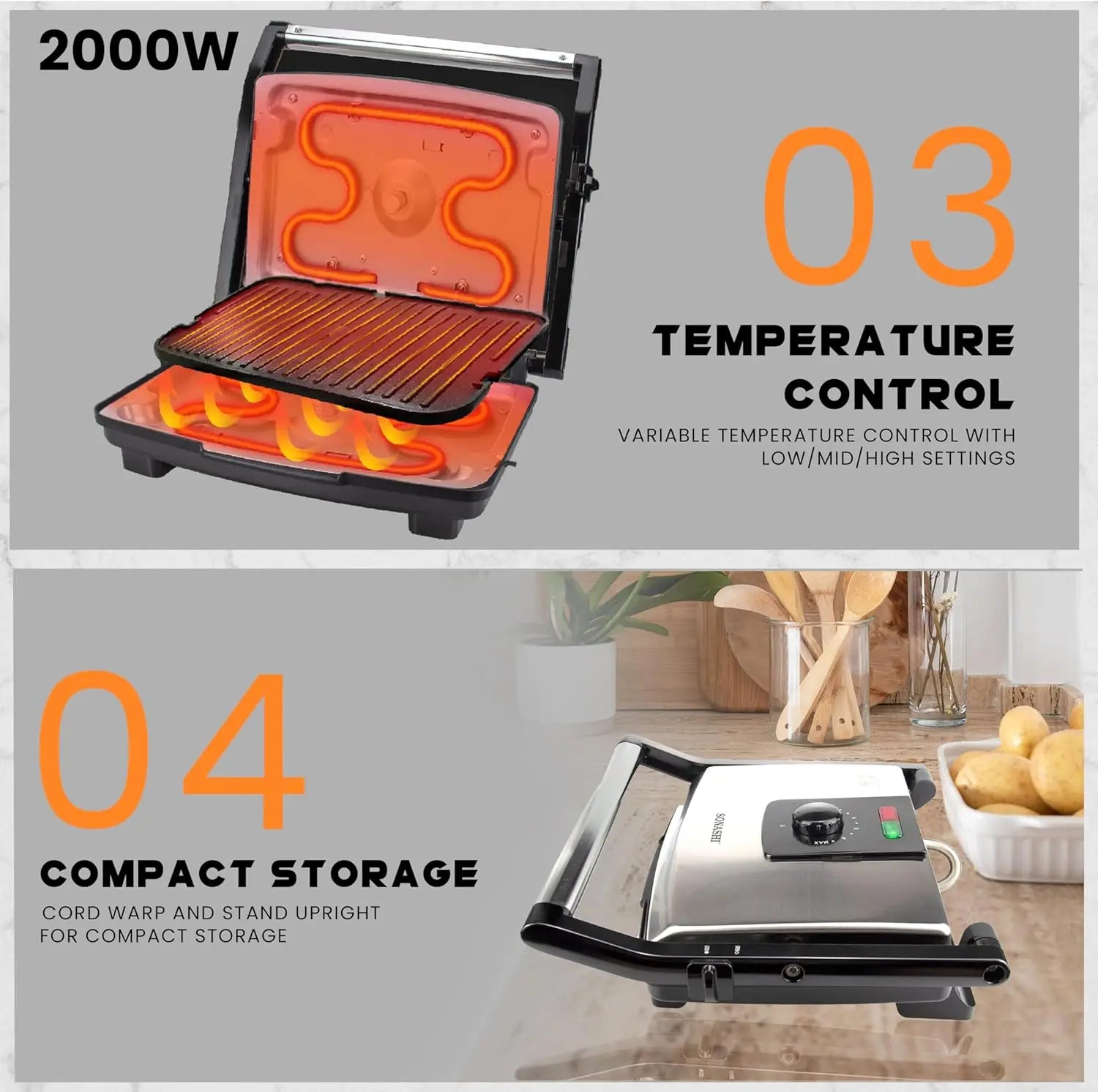 Sonashi 4 Slice Contact Grill Maker – 2000W Electric Grill with Adjustable Temperature, Non-Stick Plates, Drip Tray, Cool-Touch Handle & Stainless Steel Top Cover – Ideal for Sandwiches, Paninis, Meats & More SGT-854 - Damoo