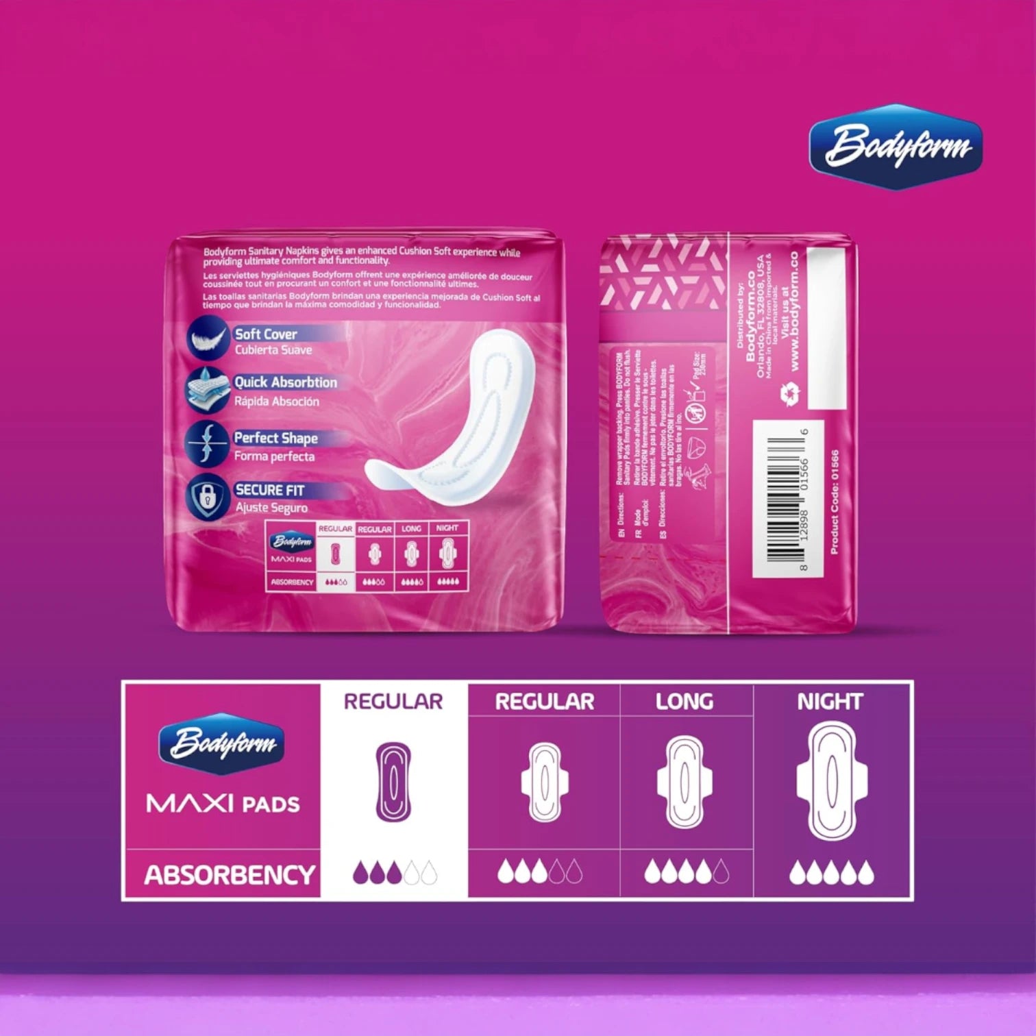 Bodyform Cushion Soft Maxi Pads – 14 Count | Regular Flow | Super Absorbent & Comfortable Sanitary Napkins | Individually Wrapped for On-the-Go Protection - Damoo