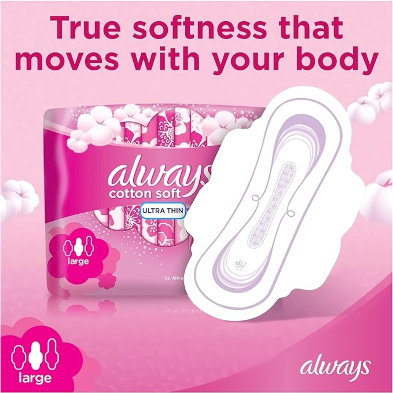 Always Cotton Soft Ultra Thin Sanitary Pads – Large, 16 Count | 2X Softer & Flexible, Extra Absorbent, Skin-Friendly Protection - Damoo