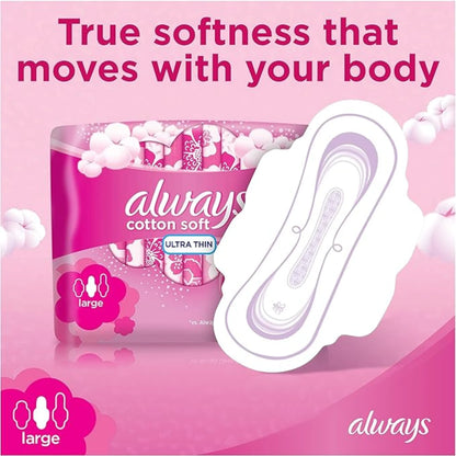 Always Cotton Soft Ultra Thin Sanitary Pads – Large, 16 Count | 2X Softer & Flexible, Extra Absorbent, Skin-Friendly Protection - Damoo