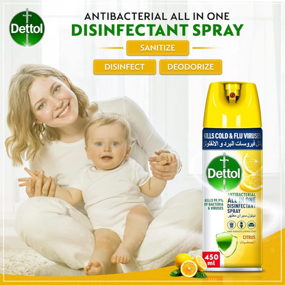 Dettol All-in-One Disinfectant Spray – Citrus Scent – 450ml | Antibacterial Surface & Air Sanitizer – Kills Germs, Odors & Viruses - Damoo