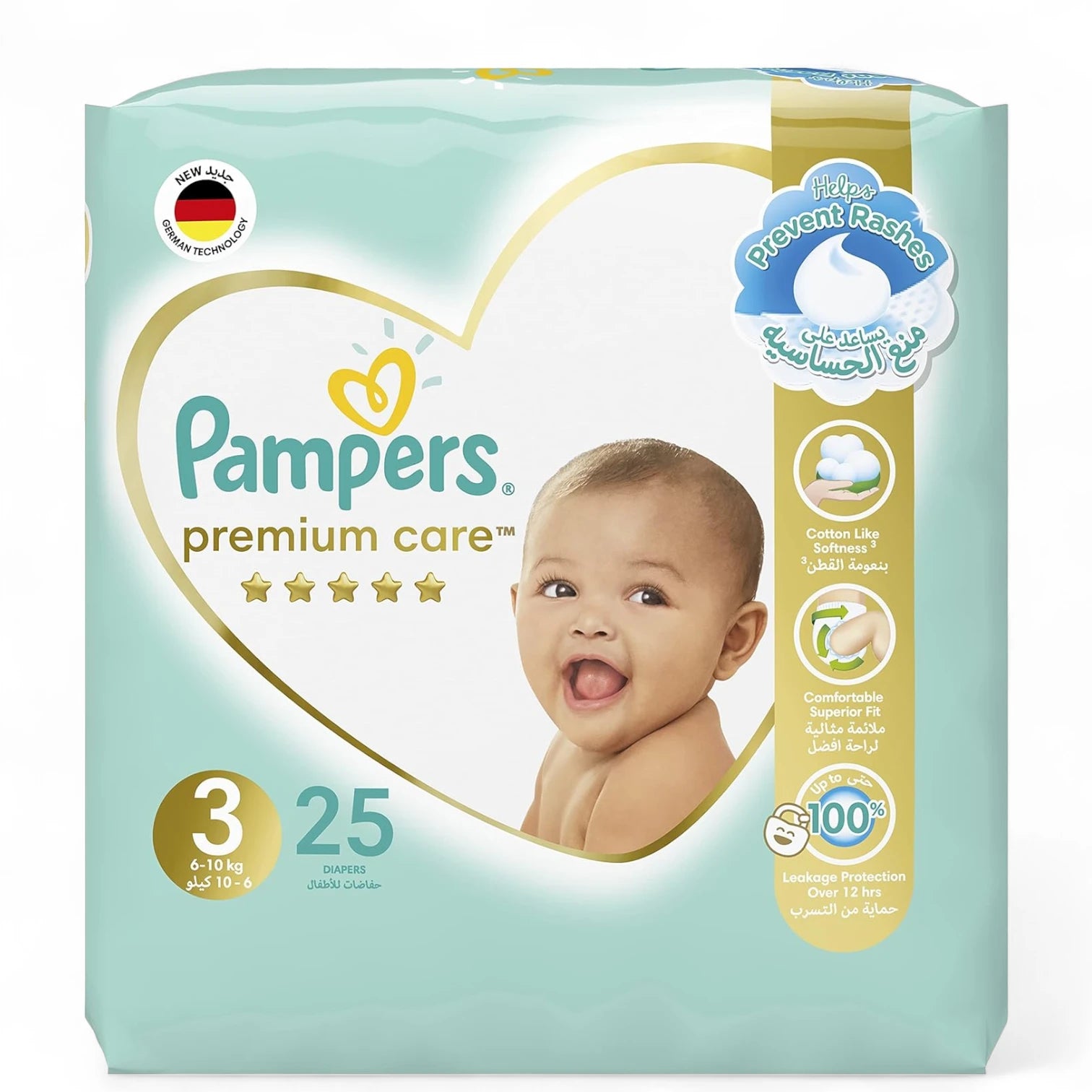 Pampers Premium Care Taped Baby Diapers – Size 3 (6–10 kg) – 25 Count | Softest Absorption, Runny-Mess Protection & Wetness Indicator | Cotton-Like Softness, German Technology - Damoo