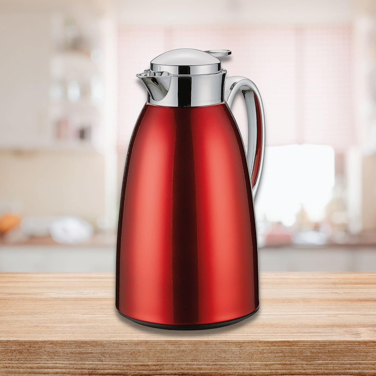 Emsa Campo Stainless Steel Thermal Carafe 1.0L (34 oz) – Red Vacuum Jug with Glass Liner, Quick-Tip One-Hand Closure, 100% Leak-Proof, 12H Heat / 24H Cold Retention, Chrome-Plated Lid & Spout - Damoo