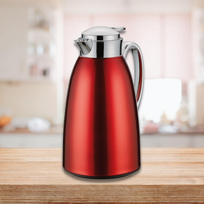 Emsa Campo Stainless Steel Thermal Carafe 1.0L (34 oz) – Red Vacuum Jug with Glass Liner, Quick-Tip One-Hand Closure, 100% Leak-Proof, 12H Heat / 24H Cold Retention, Chrome-Plated Lid & Spout - Damoo