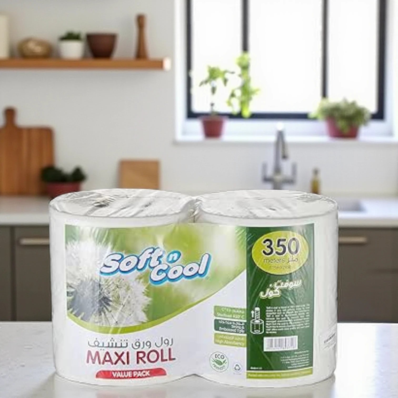 Soft N Cool Maxi Roll Value Pack – 2 Rolls x 350m | Sterilized, Embossed, High Absorbency & Eco-Friendly Kitchen Towel - Damoo