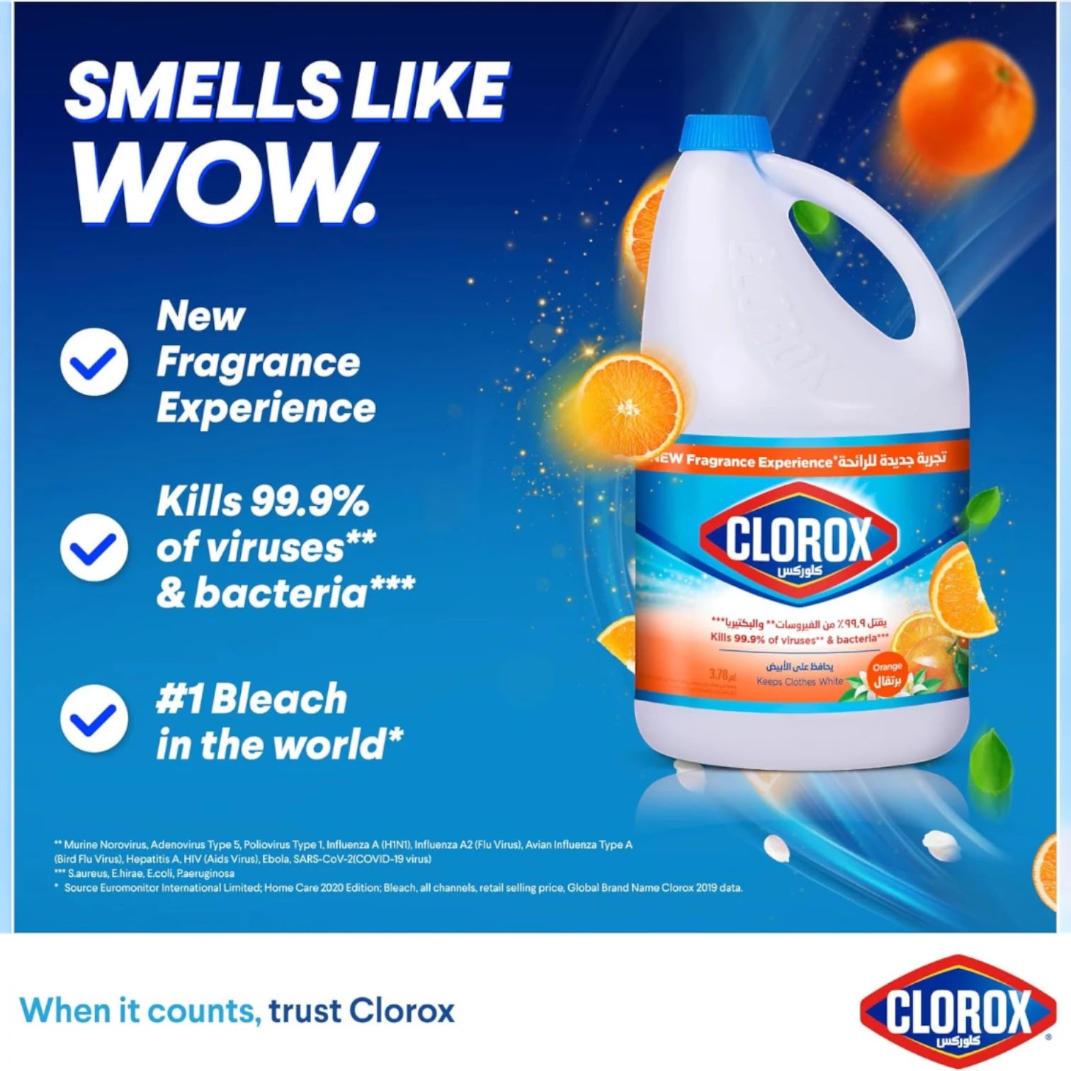 Clorox Liquid Bleach Orange Scent 3.78L – Kills 99.9% of Germs & Bacteria, Keeps Clothes White & Fresh, Powerful Stain Removal, Household Disinfectant - Damoo