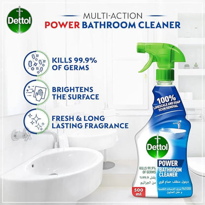 Dettol Bathroom Cleaner Spray – 500ml | Kills 99.9% Germs, Removes Soap Scum & Limescale | Fresh Scent, Anti-Bacterial Cleaner for Bathroom Surfaces - Damoo